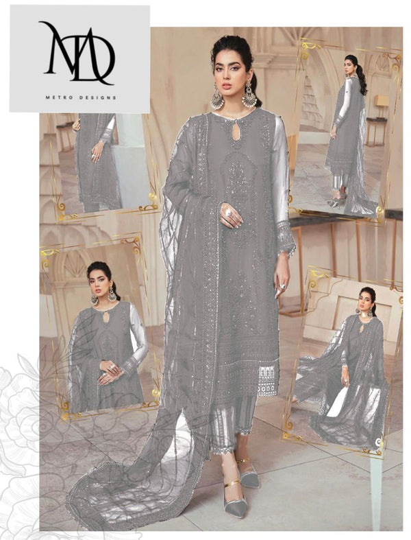 MUSHQ GREY NET 3PC UNSTITCHED SUIT