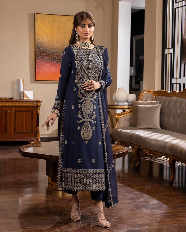 ASIM JOFA NAVY CHIFFON 3PEICE UNSTITCHED SUIT