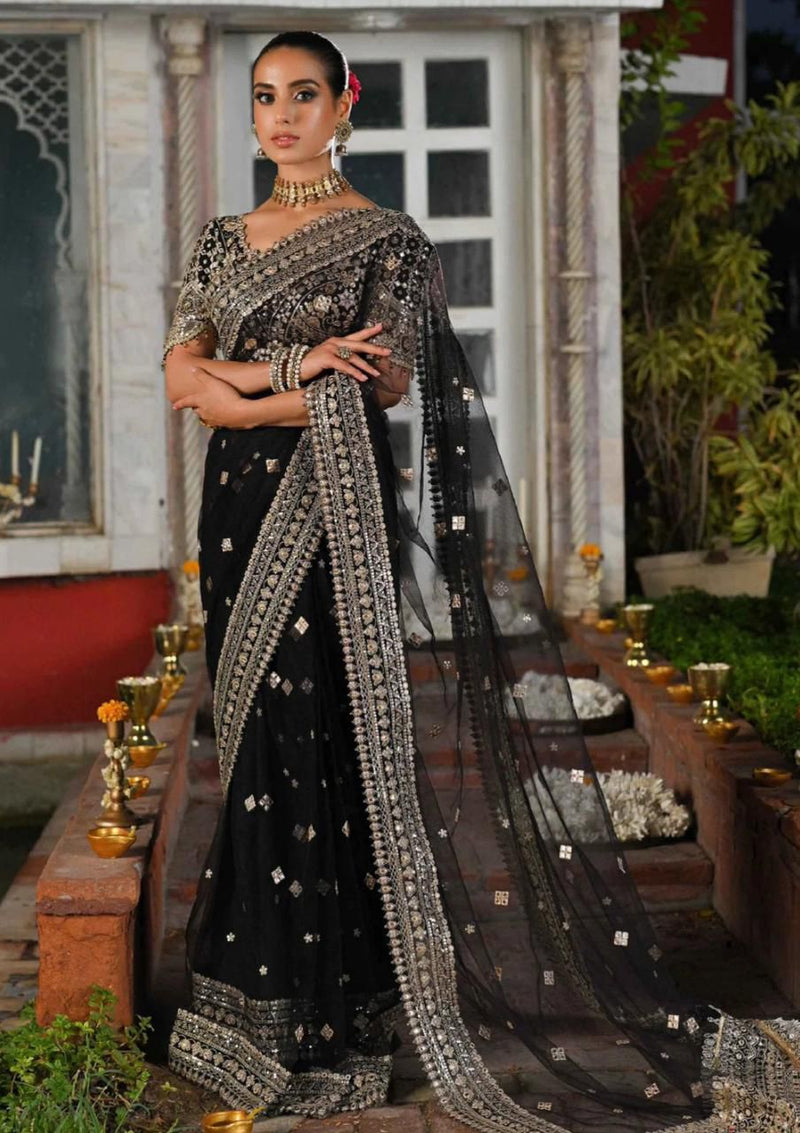 QALAMKAR BLACK NET SAREE | WEDDING WEAR | UNSTITCHED