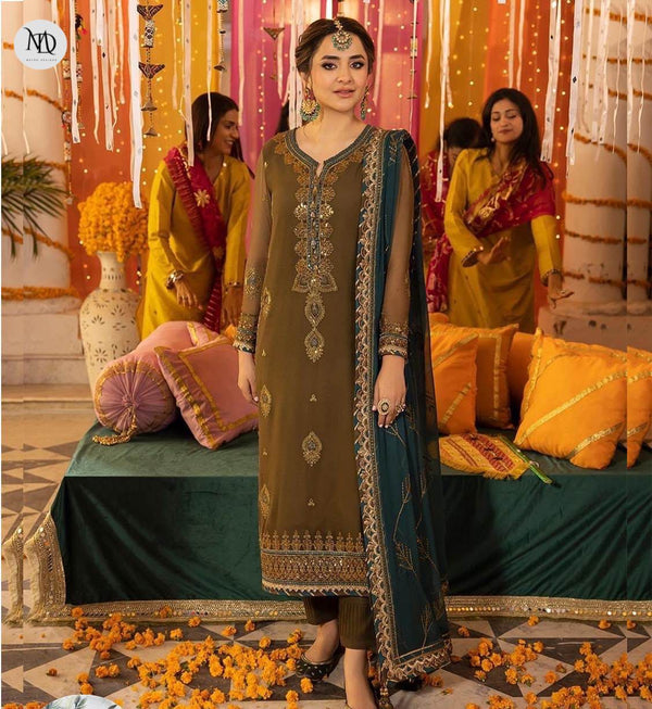 ASIM JOFA MENDHI CHIFFON UNSTITCHED SUIT - 2024