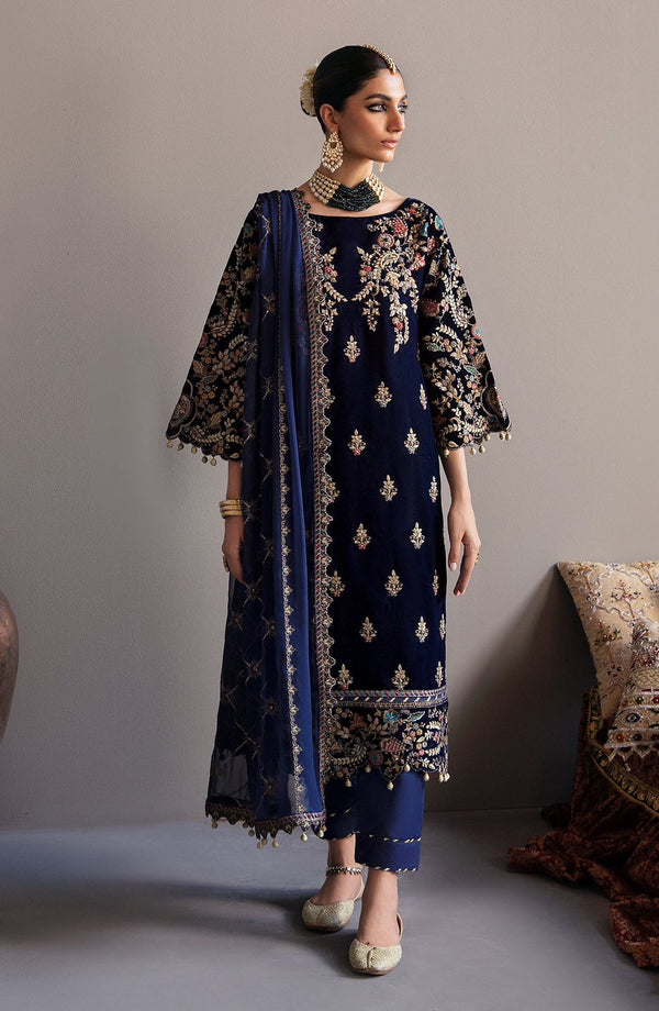 Emaan Adeel Blue Luxury Velvet Dress Embroidered 3 piece Unstitched