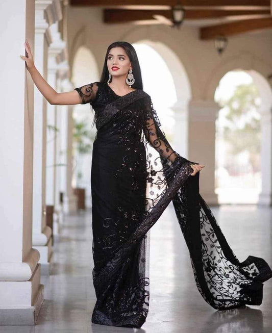 BLACK HEAVY NET EMBROIDERED SAREE