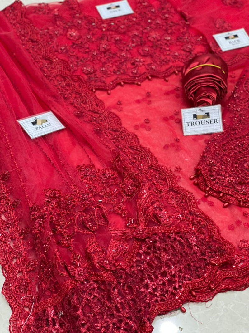 Maria B Couture Red Net Saree most demanded design