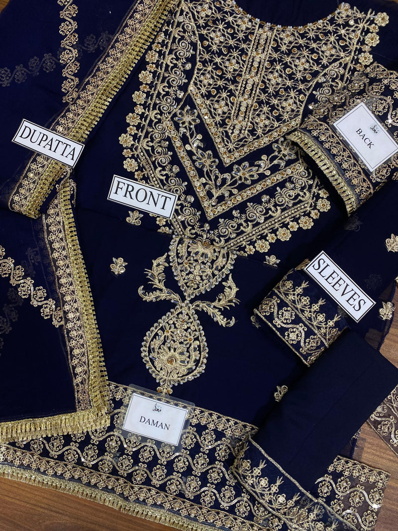 ASIM JOFA NAVY CHIFFON 3PEICE UNSTITCHED SUIT