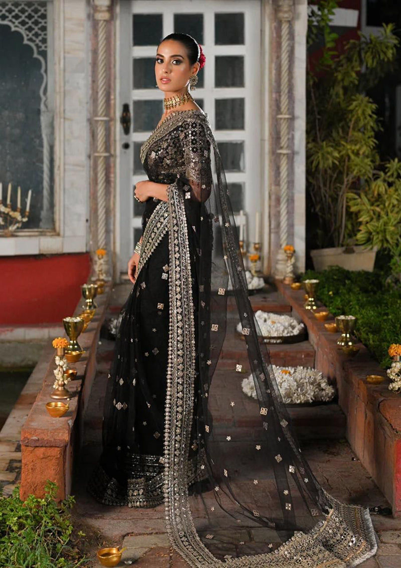 QALAMKAR BLACK NET SAREE | WEDDING WEAR | UNSTITCHED