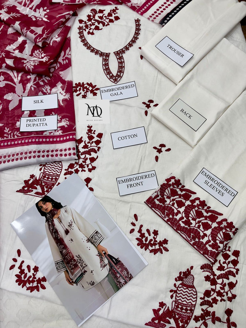 Jazmin White Cotton - Mehroon Silk Duppata