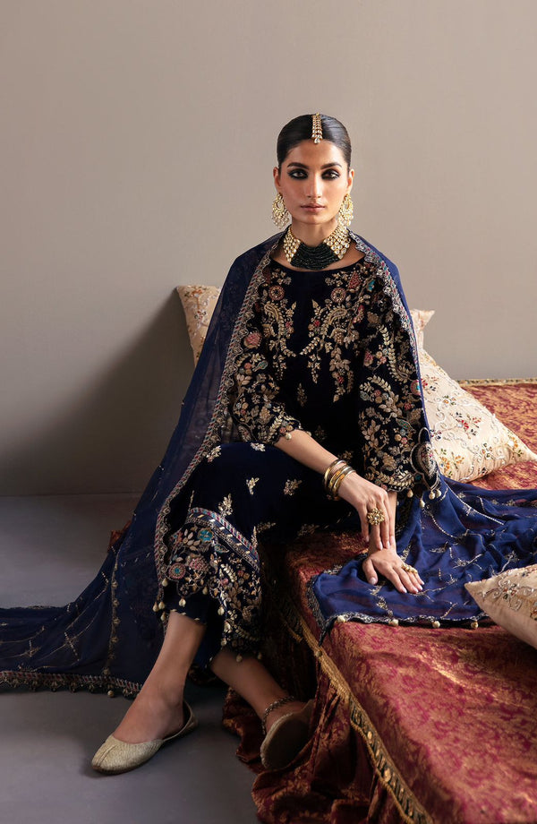 Emaan Adeel Blue Luxury Velvet Dress Embroidered 3 piece Unstitched