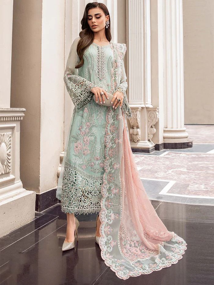 Maria.B Embroidered Chiffon Partywear Dress Embellished Hand Work Embroidery 3 Piece Unstitched